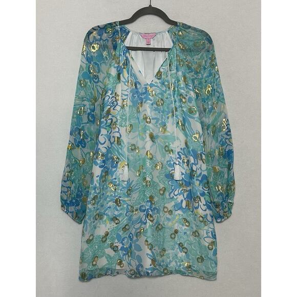 Lilly Pulitzer Dress Size 2 Silk Metallic Floral Tunic Dress Resort Party EUC - Picture 1 of 9
